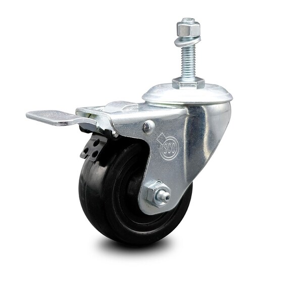 3 Inch Hard Rubber Wheel Swivel 10mm Threaded Stem Caster Total Lock Brake